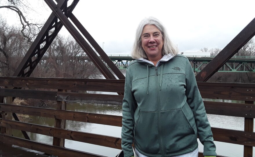 Jan Hackman on a bike path that crosses the Connecticut River between Northampton and Hadley, Massachusetts.