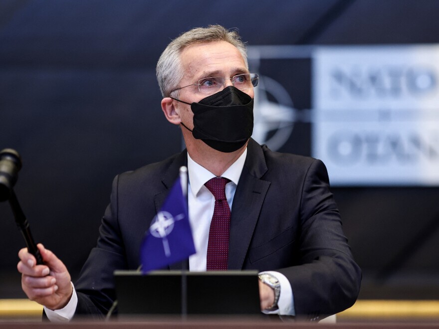 NATO Secretary General Jens Stoltenberg at a meeting with defence ministers at NATO headquarters on Feb. 16. Harris will meet with Stoltenberg in Munich.