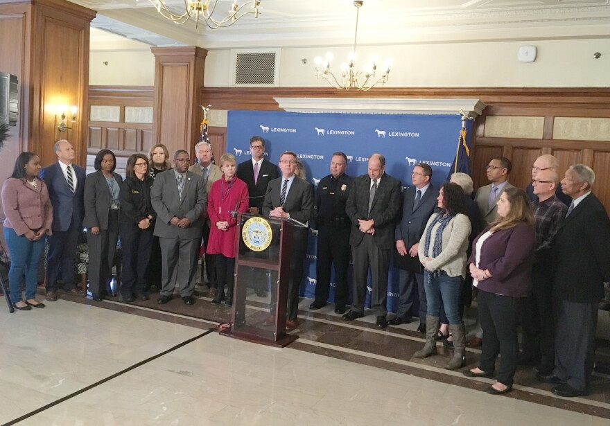 Mayor Jim Gray announced plans for the lawsuit with a group of members of the faith-based community. representatives of social service agencies, police officers, firefighters, corrections officers, a parent who lost a child to drug overdose and a woman who turned her life around through treatment.