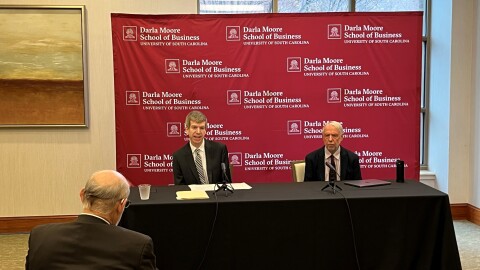 University of South Carolina research economist Dr. Joey Von Nessen and economics professor Dr. Douglas Woodward discuss their 2025 economic outlook with the media on Dec. 11, 2025.