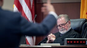 First District Judge Francis Mathew listens to attorney Matthew Nicholson, represented Meta Platforms Inc. during a hearing to determine the penalties against Meta, which was found by a jury to have violated a state consumer protection law during a trial last month, Thursday, October 1, 2026.