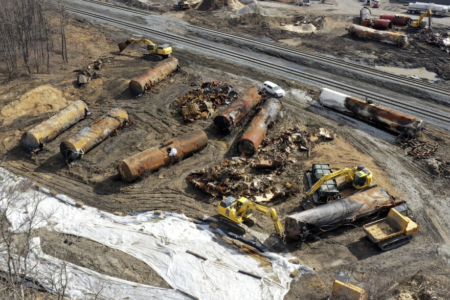 Cleanup continues on Feb. 24, 2023, at the site of a Norfolk Southern freight train derailment that happened on Feb. 3 in East Palestine, Ohio.