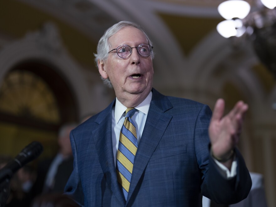 Senate Minority Leader Mitch McConnell, R-Ky., speaks to reporters following a closed-door policy meeting, at the Capitol in Washington, Tuesday, March 7, 2023.