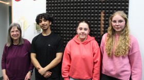 From left, Eileen Bryson, Emircan "Emir" Celik, Josune Azpilicueta and Enni Haataja stand in the KDLL studio on Thursday, Mar. 12, 2026 in Kenai, Alaska.