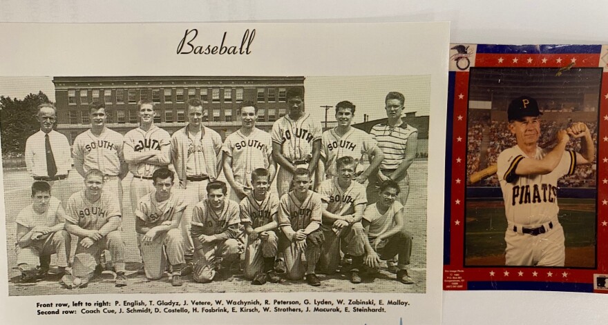 (left) Pete in his high school baseball team picture in 1955; (right) a photo taken at the National Baseball Hall of Fame