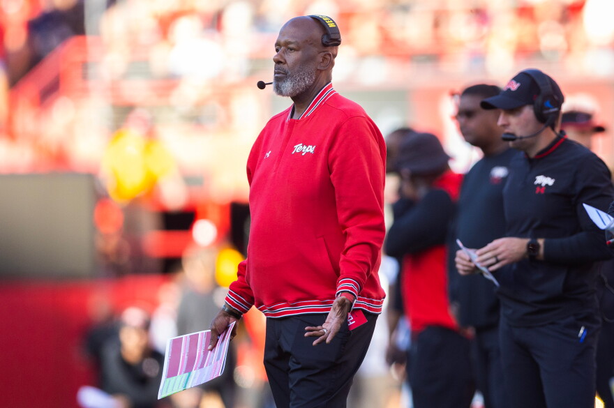 Maryland head coach Michael Locksley, left, reacts to a referee's call as his team plays against Nebraska during the first half of an NCAA college football game Saturday, Oct. 3, 2026, in Lincoln, Neb. (AP Photo/Rebecca S. Gratz)