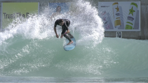 Uriah Sheetz surfing at the Waco Surf wave pool.