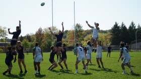Michigan State men’s club rugby players compete for possession in a lineout against Notre Dame.