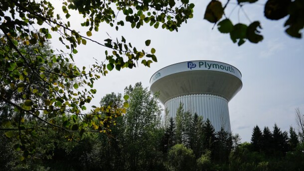 FILE — A water tower is seen Thursday, July 30, 2026, in Plymouth, Minn. A cyberattack targeted the operating technology at over 30 water systems in Minnesota, including Plymouth's, earlier this week, state officials said.