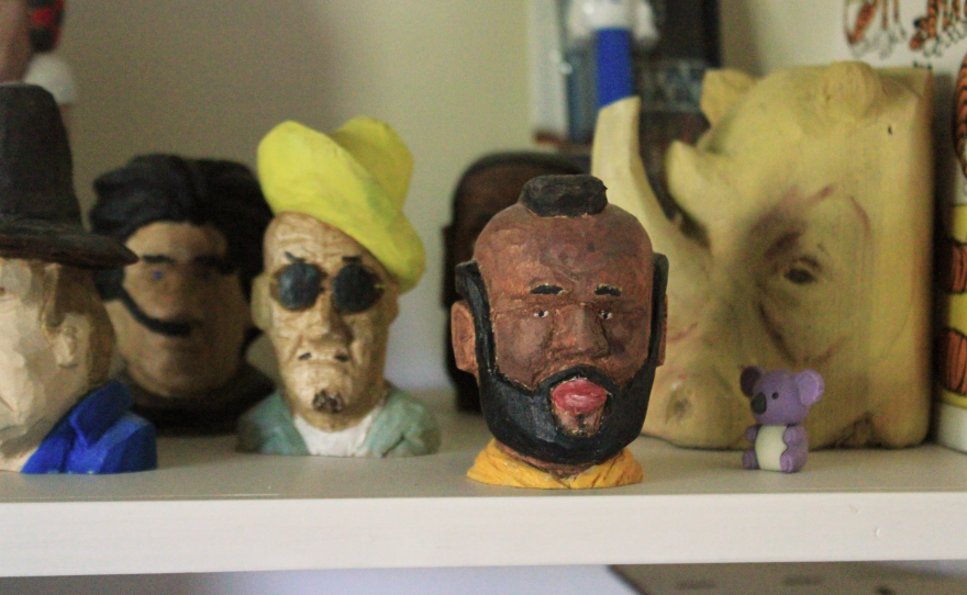 A collection of Cory Squires' creations (including a bust of Mr. T) at his home, July 10, 2025