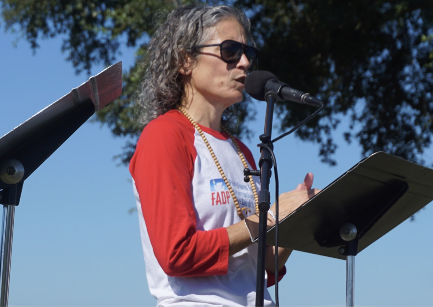 Floridians for Alternatives to the Death Penalty legal and policy director Maria DeLiberato speaks about the death penalty outside the Florida State Prison in Raiford, Fla. Tuesday, Oct. 13, 2026. (Alexa Ryan/WUFT)