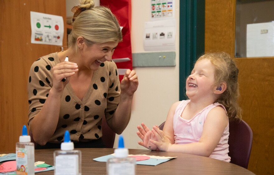 Clinical educator Christine Rossi works with Maddie Areson at the Scranton School for Deaf and Hard-of-Hearing Children.