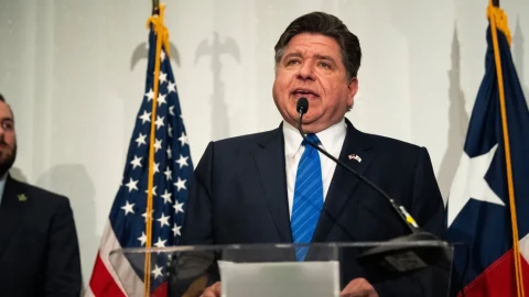 Illinois Gov. JB Pritzker speaks at a Texas Democratic Party press conference ahead of the Republican National Convention on Wednesday, Sept. 9, 2026, in Dallas.