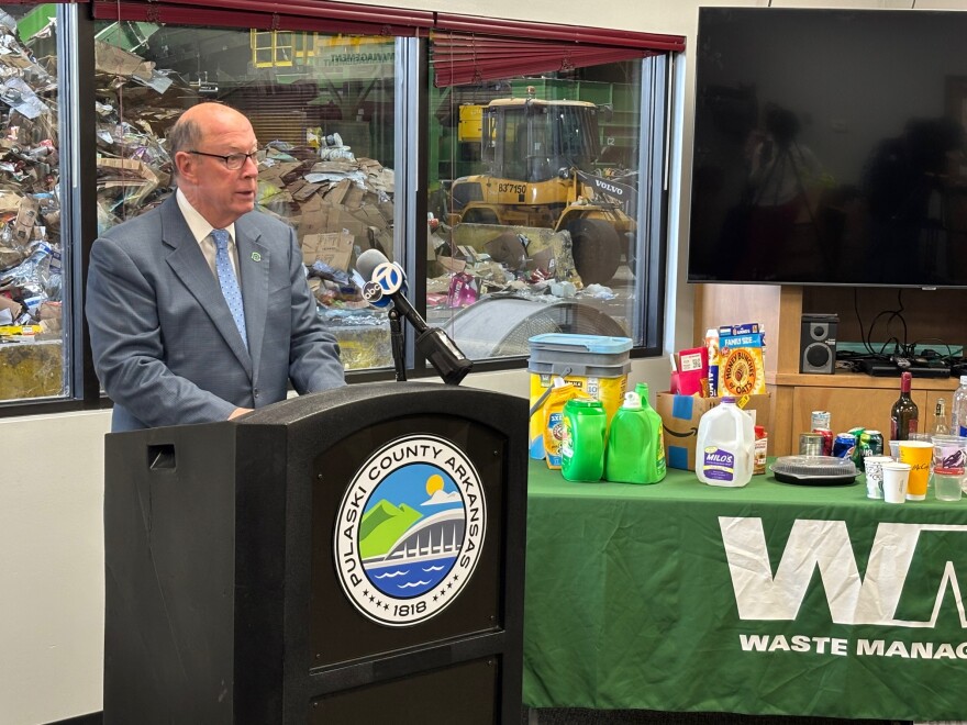 Pulaski County Judge Barry Hyde speaks at the Waste Management facility at the Port of Little Rock on Tuesday, Nov. 25, 2025.