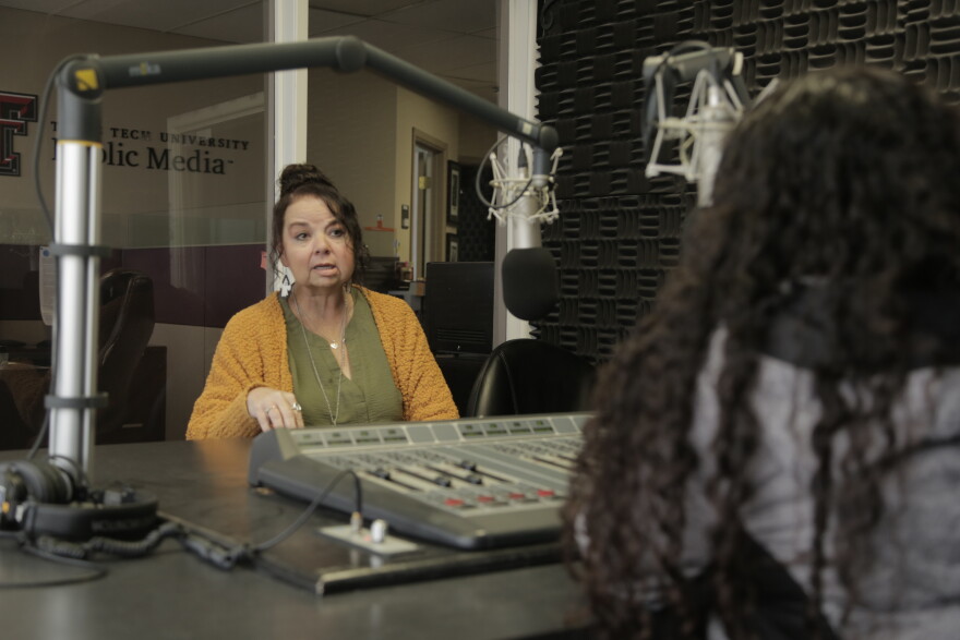 Sandy Garcia speaks with Gabrielle De La Cruz at the KTTZ studio in Lubbock, Texas, on Monday, Oct. 19, 2026.