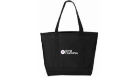 Black tote bag with a white BTPM Classical logo