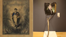 Currier & Ives, The Spirit of the Union, 1860, hand-colored lithograph on wove paper (left). Valerie Hegarty, George Washington (On a Stick), 2006 (right). The two pieces of art currently share a wall at the Hood Museum. "How should we perhaps look again...and question the idea of the past that so many of these images worked so hard to formulate?" asked the exhibition's co-curator Elizabeth Rice Mattison.