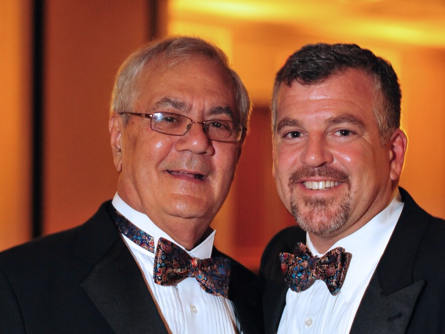 U.S. Rep. Barney Frank, D-Mass., (left) and Jim Ready pose at their wedding reception on July 7, 2012. Frank married his longtime partner in a ceremony officiated by Massachusetts Gov. Deval Patrick in Newton.