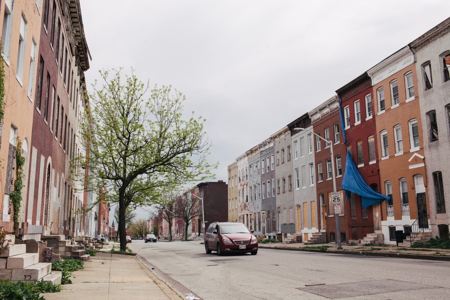 A view of the Sandtown-Winchester neighborhood of Baltimore at North Stricker Street near Riggs Avenue.