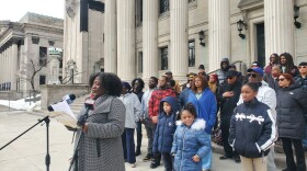 Springfield City Council President Tracye Whitfield speaks on the steps of Springfield City Hall on Monday, Feb. 16, 2026, with supporters behind her.