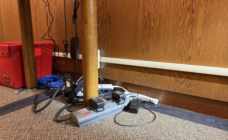 Extension cords inside the courtroom are patched together to power the daily proceedings of the staff.