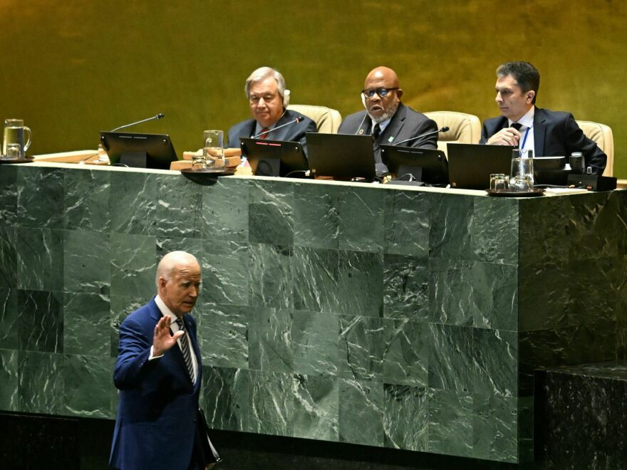 President Biden waves after giving his address to the U.N. General Assembly on Sept. 19, 2023.