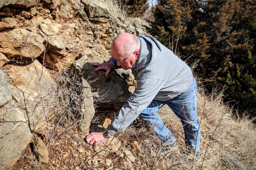 Mike Everhart stands on a cliff side looking for fossils