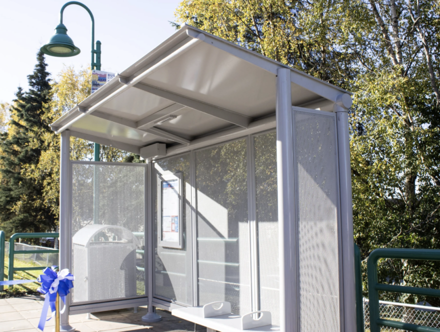 Anchorage city officials unveiled upgrades including a metal shelter, a bench and a trash can at a bus stop near Muldoon Road and Northern Lights Boulevard on Sept. 23, 2026.