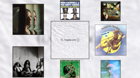 A collection of artwork for eight music releases inside black square frames. The middle square is the largest, it shows a crumpled piece of paper. Two squares on the left are the next biggest, the top has an image of a woman's face and the bottom has three women sitting together. The next biggest square is on the right and has a knight riding a dragon. In the four smallest squares, one has four men's heads,  one has a table top with hands and pints of beer, one has a woman showing her dress off, and the last has a hazy image of a woman wearing a bandana.