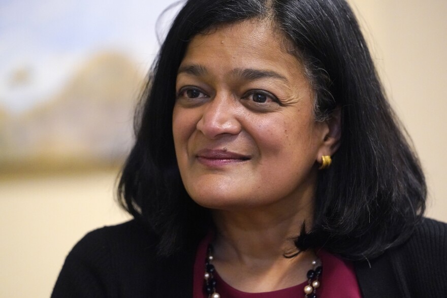 Rep. Pramila Jayapal, D-Wash., listens to a question during an interview Friday, Nov. 12, 2021, in Seattle. Jayapal's career has rapidly ascended into the top tiers of U.S. politics, bringing with her the progressive street cred she amassed in Seattle and a political sensibility she has decisively wielded in D.C.