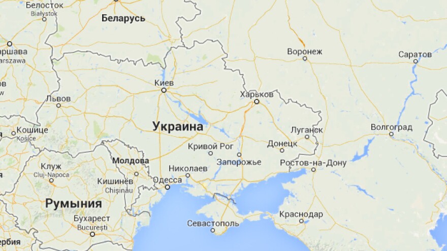 A Google Maps image from its Russian service depicts Crimea (bottom center) with a solid line, reflecting an international border between it and Ukraine. Versions of the map on other Google sites show it with a dotted line.