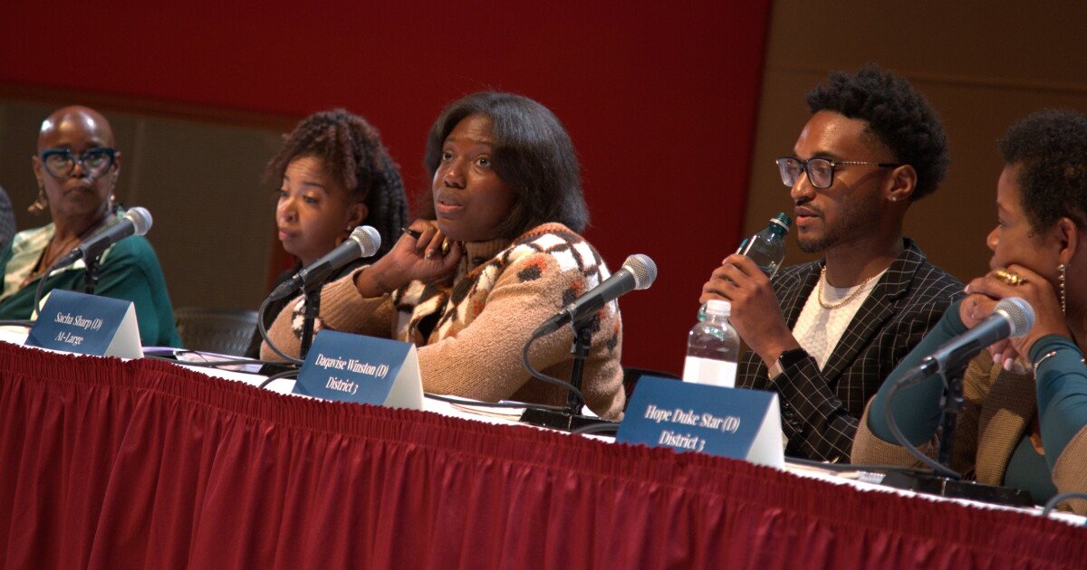 Candidates for the at-large and District 3 seats on the Indianapolis Public Schools board at the WFYI and Chalkbeat Indiana forum on Monday, Oct. 19, 2026 at Indianapolis Public Library's Central Library