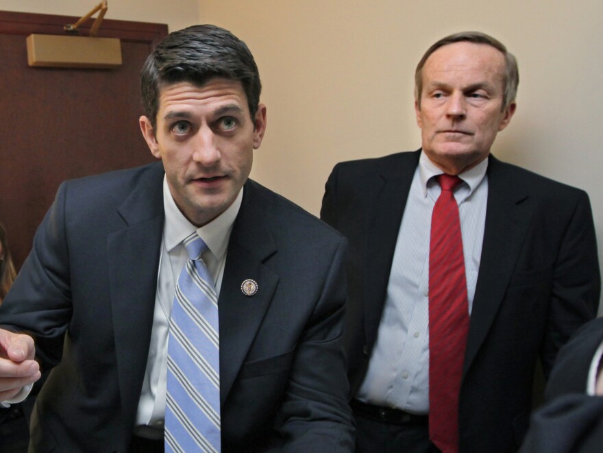 As congressional colleagues, Rep. Todd Akin (right) and Rep. Paul Ryan have co-sponsored anti-abortion legislation. They're seen here before a press conference on Ryan's budget proposal on Apr. 5, 2011.