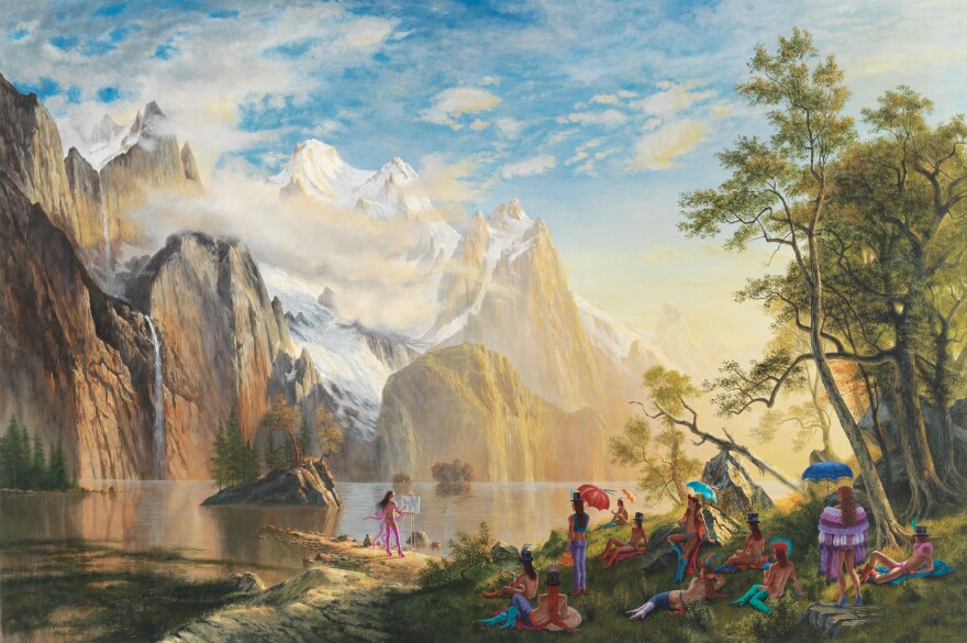 A contemporary painting of a traditional American landscape with a lake in the foreground a group of Indigenous gender fluid people relax in the grass as one of them paints on an easel.