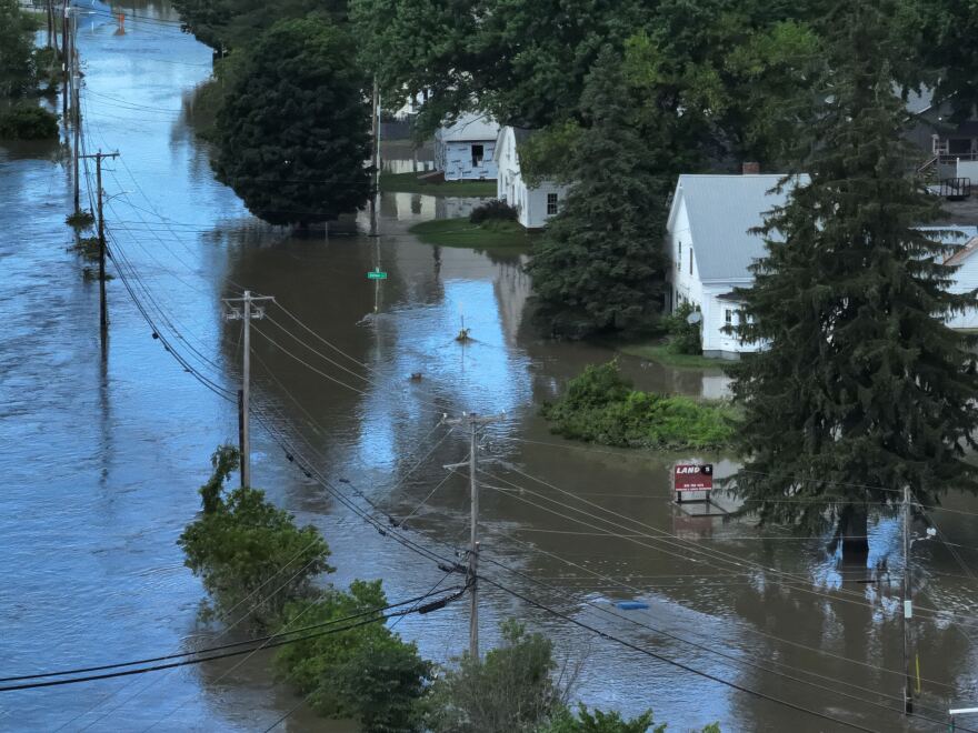 Brown waters seep around poles, trees, signs and houses, seen from above.
