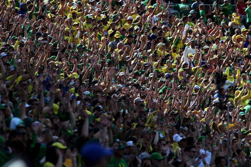 Oregon fans dance to "Shout" during the second half of an NCAA college football game against Boise State, Saturday, Sept. 5, 2026, in Eugene, Ore.