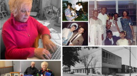 Baron at the writing table, top left, with her husband on book signing tour, and memories of their wedding day & the class play at Carter G. Woodson Junior High