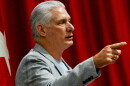 FILE - Cuban President Miguel Diaz-Canel delivers a welcome speech to participants of the, "Nuestra America," or "Our America Convoy," at the Convention Palace in Havana, Cuba, March 20, 2026.