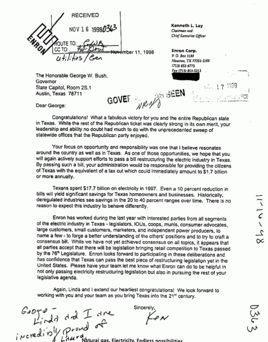 A letter from Enron CEO Ken Lay to then-Gov. George W. Bush in which Lay calls for Texas' electrical market to be deregulated.