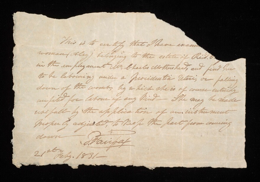 A doctor's note about Alsy, an enslaved woman, is part of Baskin's collection.