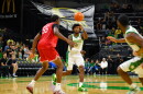 Oregon power forward Pharaoh Compton passes the ball over Seattle U center Halvine Dzellat in an exhibition game on Oct. 15, 2026 at Matthew Knight Arena in Eugene. Compton scored the most points for Oregon with 15 in the game.