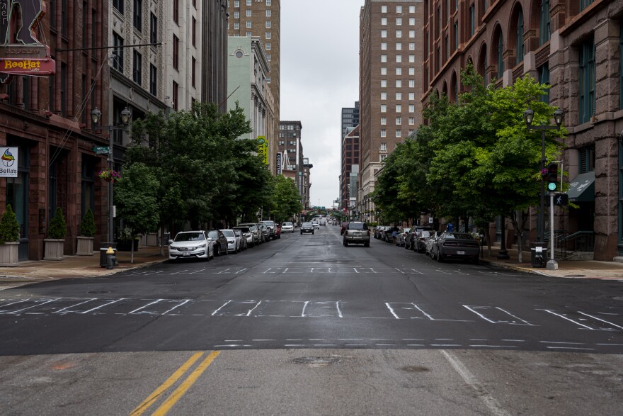 The coronavirus pandemic meant fewer cars on the road in downtown St. Louis. That enabled crews to pave streets that had been torn up by utility work, like a section of Washington Avenue pictured here on May 21.