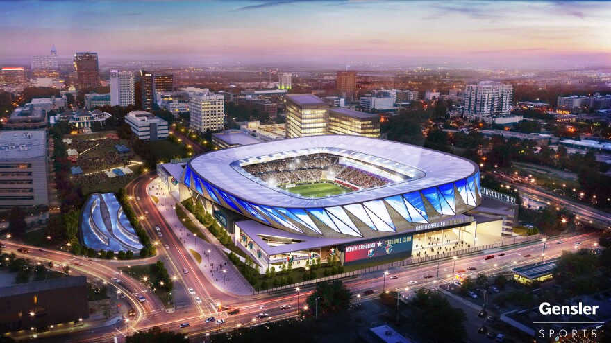 The proposed soccer stadium would be on state-owned land at Peace and Salisbury streets in Raleigh. Its "skin" would have LED lighting that changes colors. 