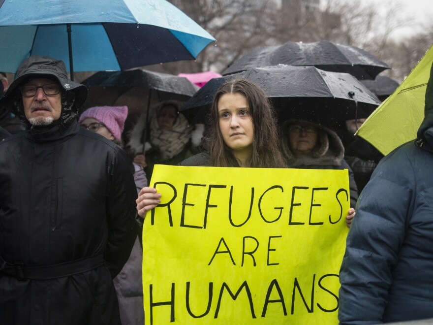 HIAS, a Jewish group that supports refugee resettlement, held a rally against President Trump's immigration ban on Feb. 12 in New York City. The group worries that giving governors the power to veto arrivals — something President Trump wants to do that last week's court ruling did not address — could unravel the resettlement program.