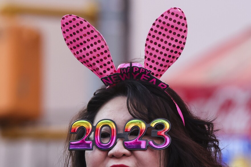 Teresa Hui watches the 2023 New Year's Eve numerals light up in Times Square. (AP Photo/Julia Nikhinson)