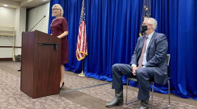 State Health Commissioner Dr. Kris Box, left, and Gov. Eric Holcomb announce the creation of the Indiana Public Health Commission.