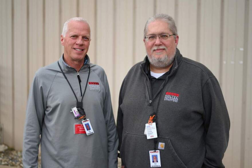 Paul Rhodes (left) is an operations shift manager at the Palisades Nuclear Generating Station, and Jim Byrd (right) is the assistant operations manager. (Chris Bentley/Here & Now)