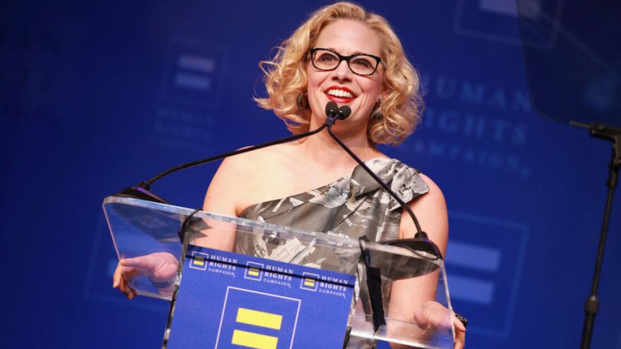 Rep. Kyrsten Sinema, D-Ariz., speaks onstage at The Human Rights Campaign 2018 Los Angeles Gala Dinner at JW Marriott Los Angeles earlier this year. She's running this year for Senate, aiming to be just the second LGBTQ person elected to that body.