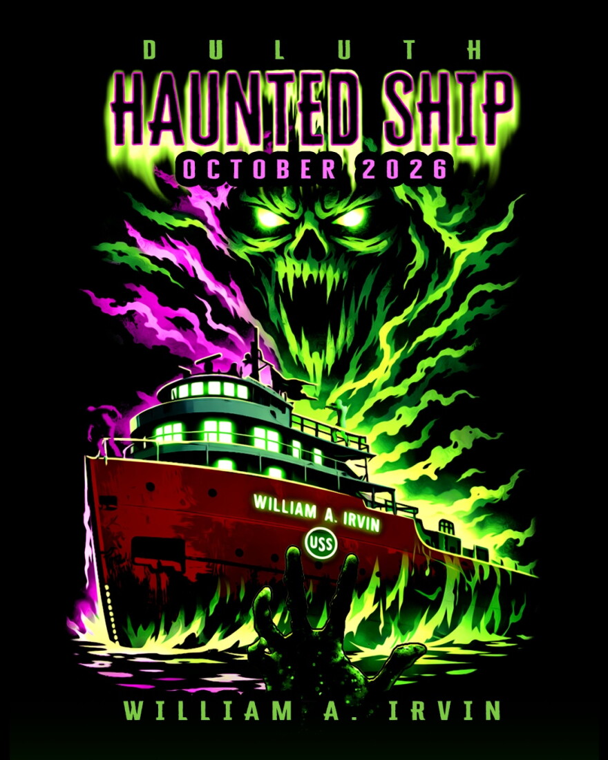 Dark posted with a neon image of a large ship and a ghostly face advertising the Duluth Haunted Ship