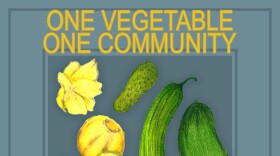 Illustration of cucumbers arranged in a rectangle with "One Vegetable, One Community" written above